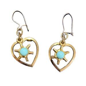 Vintage Gold Tone Blue Stone Heart Dangle Earrings Women’s